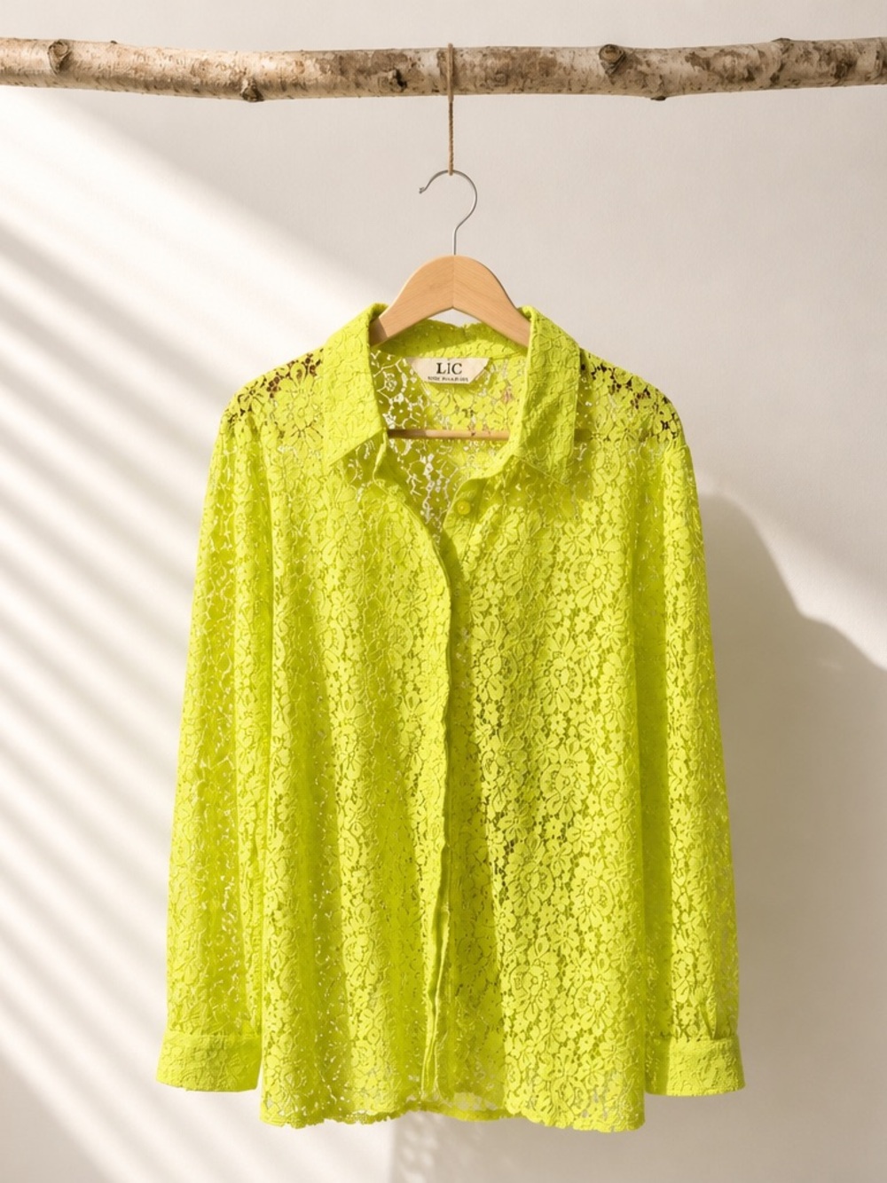 Neon Lace Button-Up Blouse in Lime Green